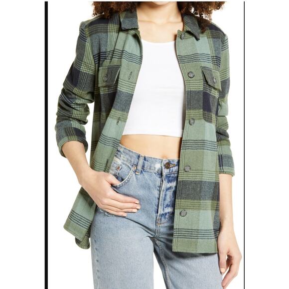 BP Women's oLIVE branch Green Shirt Jacket Plaid Check pockets button up Flannel